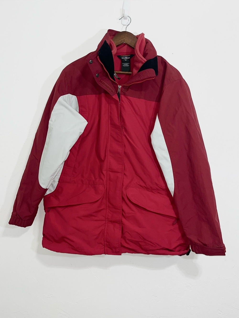 LL Bean Womens 3 in 1 Ski Jacket Parka Red Colorblock Hooded Winter Coat Large